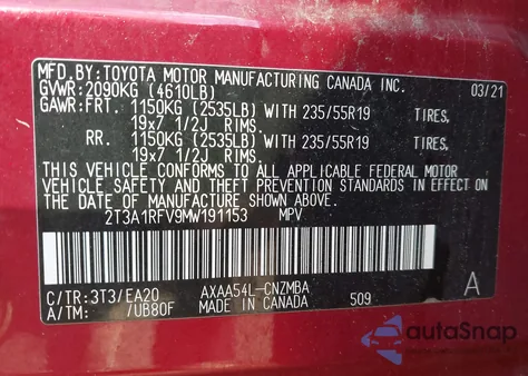 2021 Toyota Rav4 Xle Premium из США, поврежденный, VIN 2T3A1RFV9MW191153